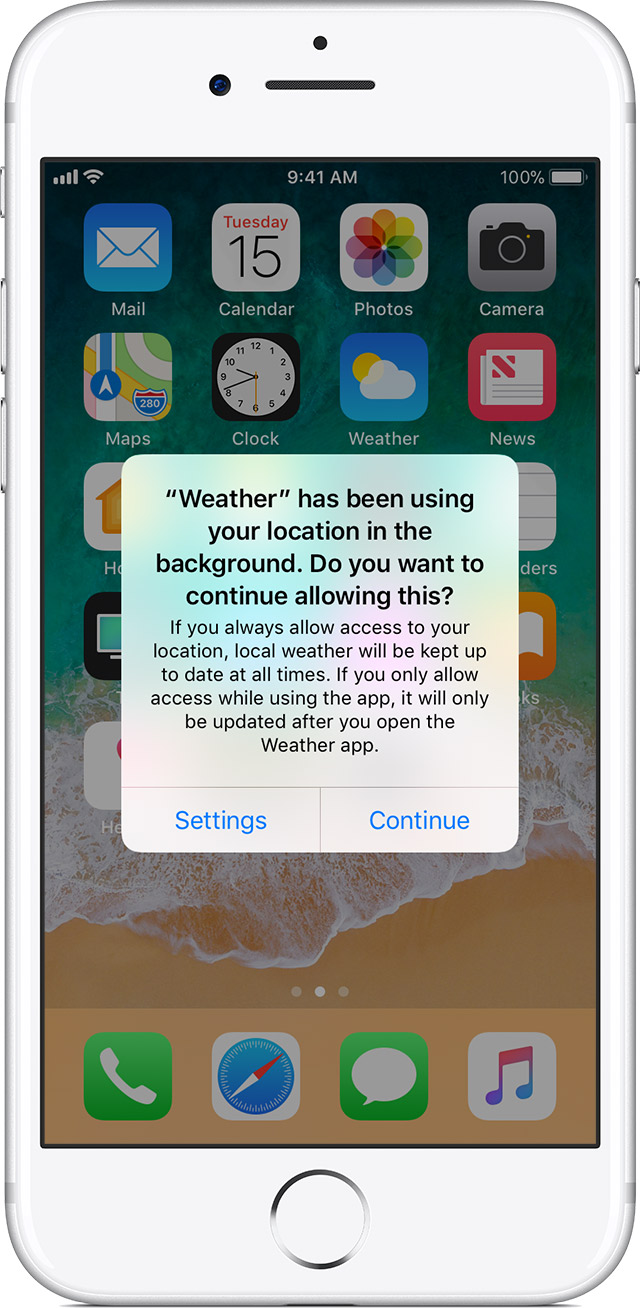 A picture showing how iOS alerts users to background location usage