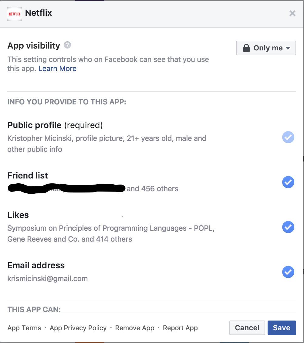A picture of Facebook's privacy configuration for Netflix