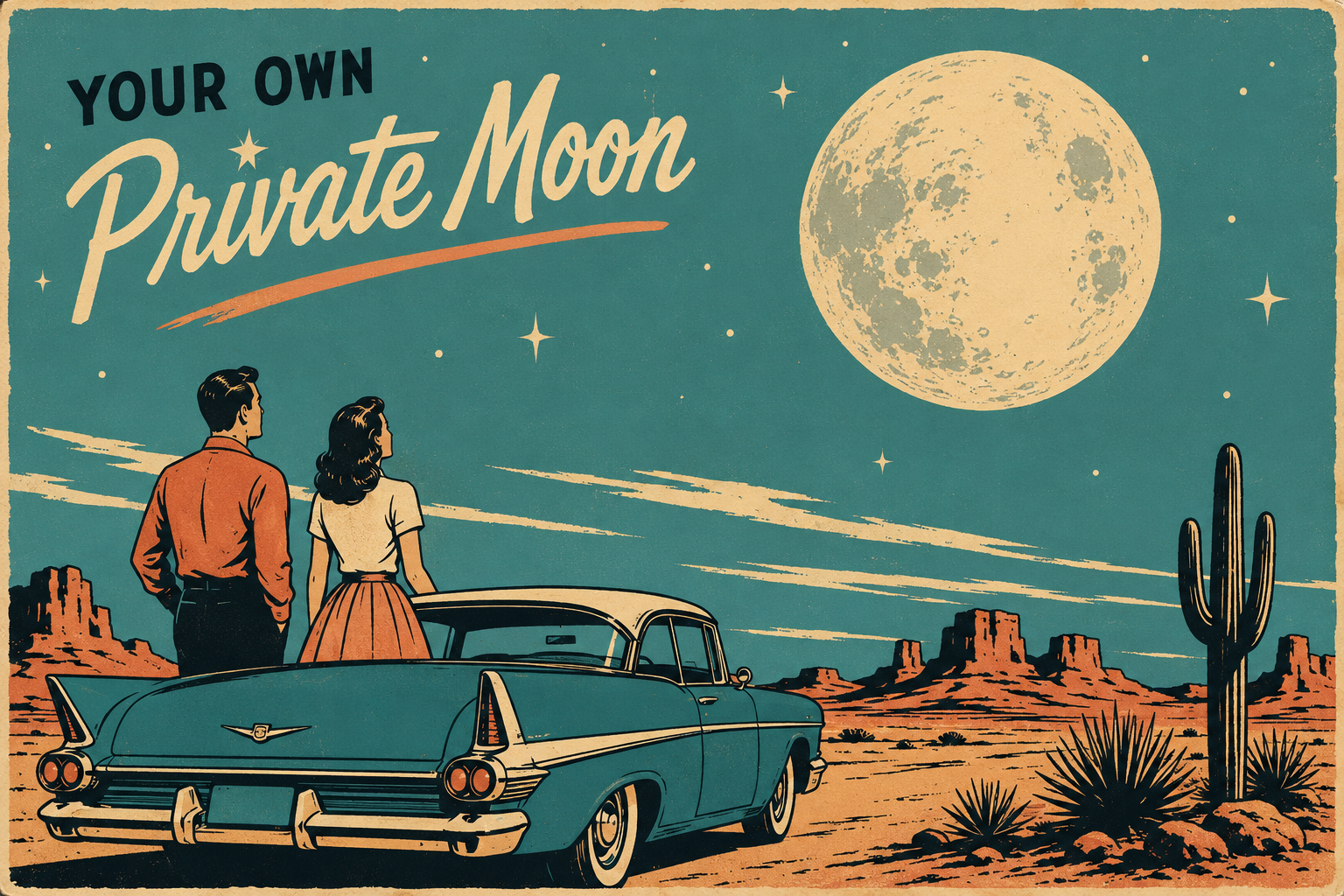A retro travel-poster illustration of a couple beside a vintage car gazing at a large moon over a desert landscape